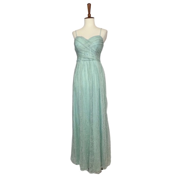 Stunning Lace A Line Spaghetti Straps Floor Length Mint Gown - Picture 6 of 16